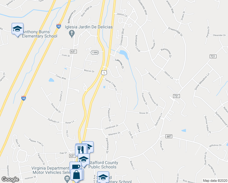 map of restaurants, bars, coffee shops, grocery stores, and more near 110 Arla Court in Stafford