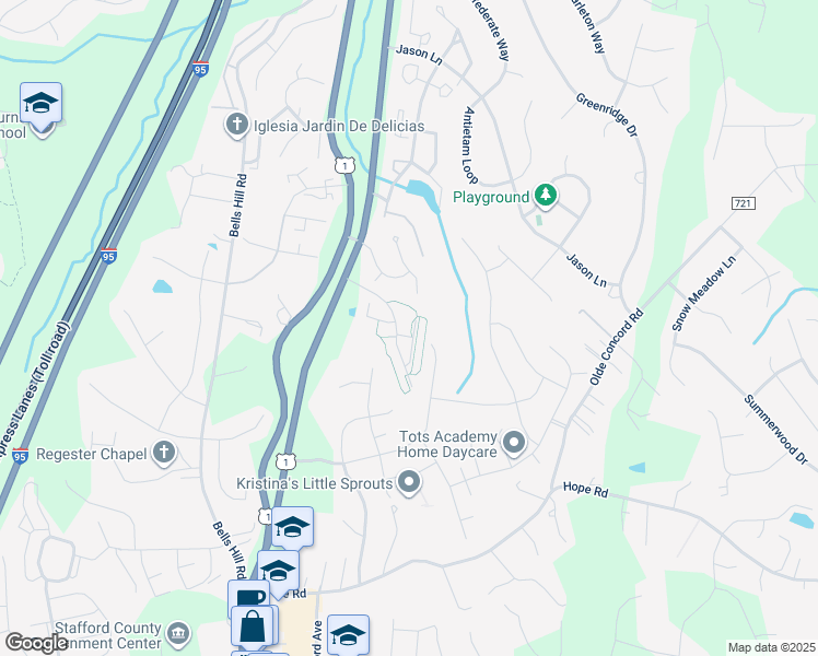 map of restaurants, bars, coffee shops, grocery stores, and more near 107 Keating Circle in Stafford