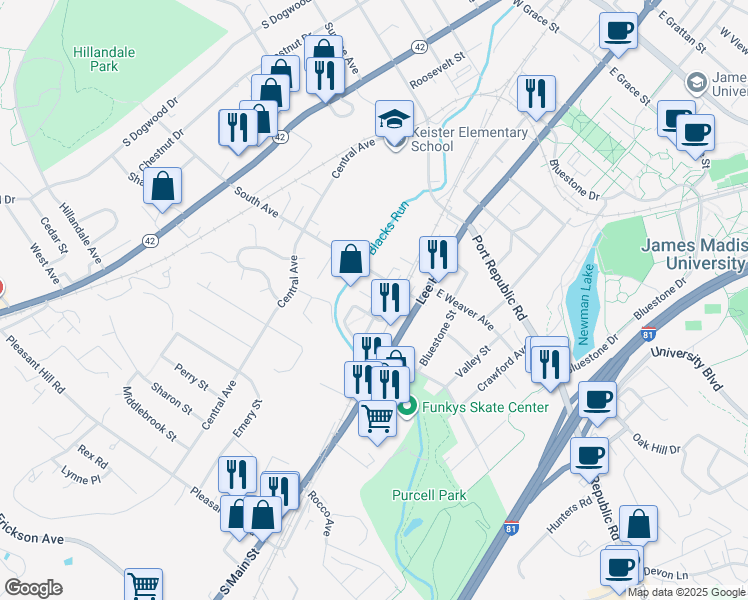 map of restaurants, bars, coffee shops, grocery stores, and more near 15 South Avenue in Harrisonburg