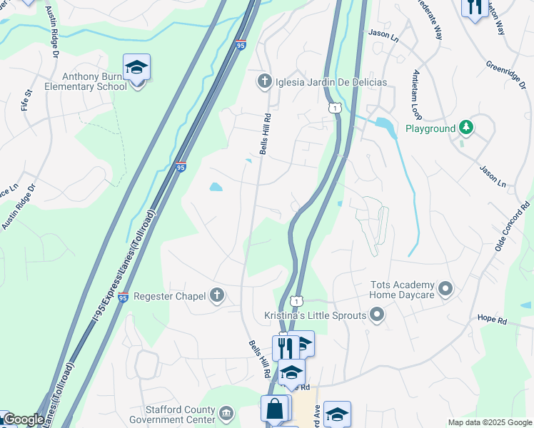 map of restaurants, bars, coffee shops, grocery stores, and more near 8 Woodmont Court in Stafford