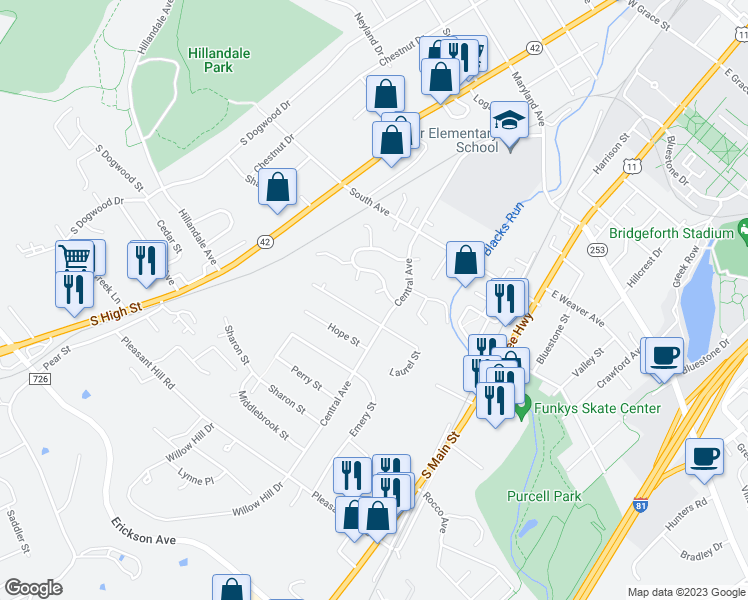 map of restaurants, bars, coffee shops, grocery stores, and more near 194 Highland Court in Harrisonburg