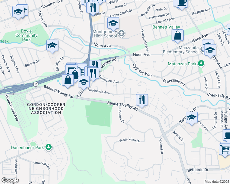 map of restaurants, bars, coffee shops, grocery stores, and more near 1500 Neotomas Avenue in Santa Rosa