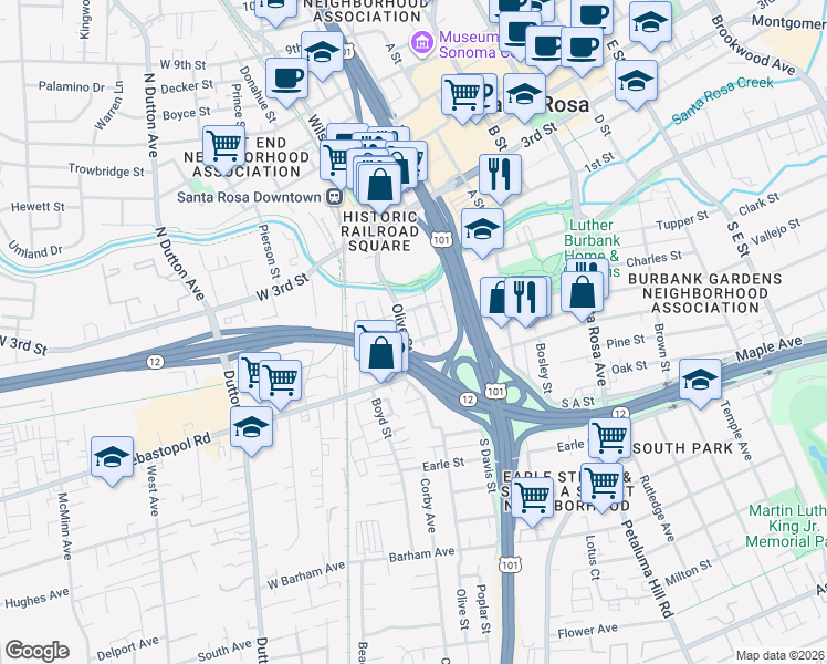 map of restaurants, bars, coffee shops, grocery stores, and more near 331 Orange Street in Santa Rosa