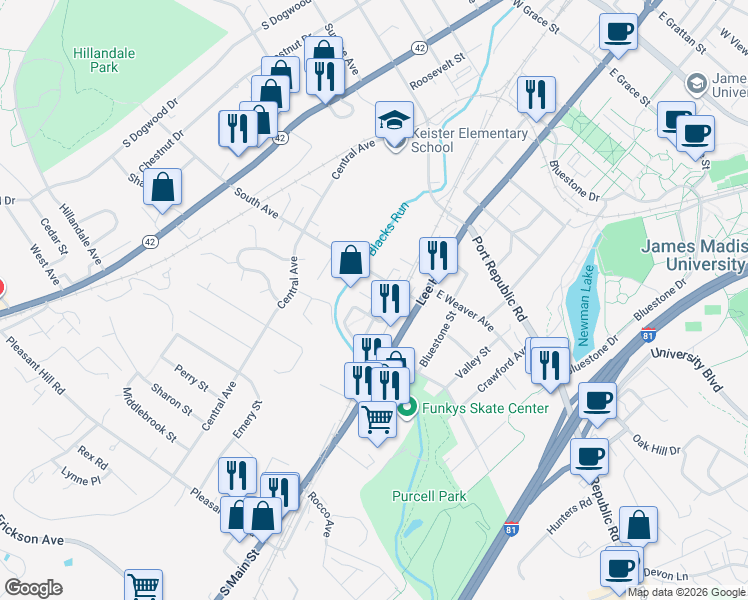 map of restaurants, bars, coffee shops, grocery stores, and more near 15 South Avenue in Harrisonburg