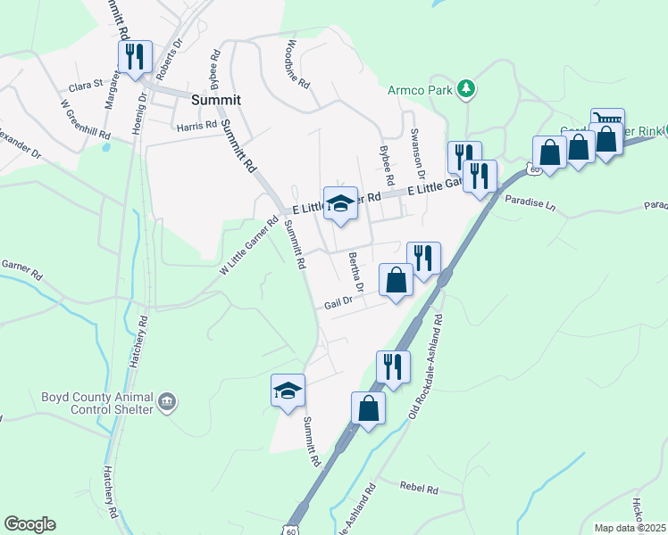 map of restaurants, bars, coffee shops, grocery stores, and more near Cr-1353 in Ashland