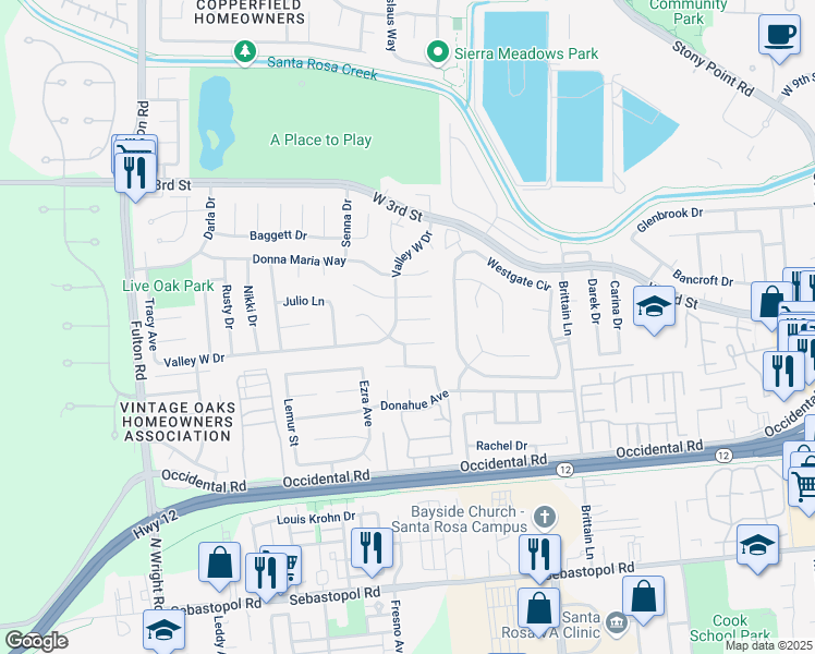 map of restaurants, bars, coffee shops, grocery stores, and more near 2330 Hooker Oak Court in Santa Rosa