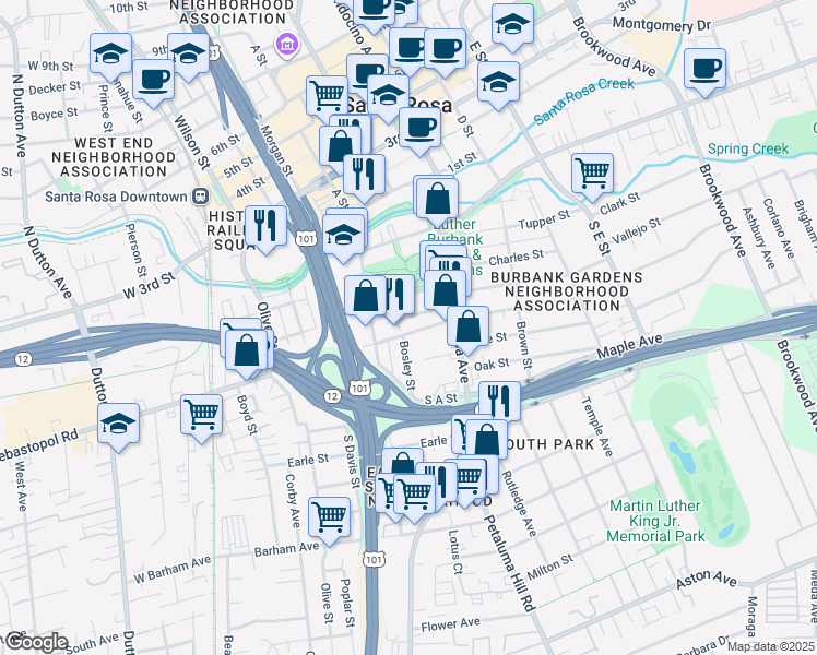 map of restaurants, bars, coffee shops, grocery stores, and more near 410 Bosley Street in Santa Rosa