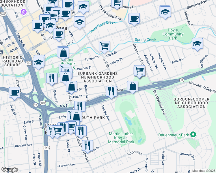 map of restaurants, bars, coffee shops, grocery stores, and more near 700 Hendley Street in Santa Rosa