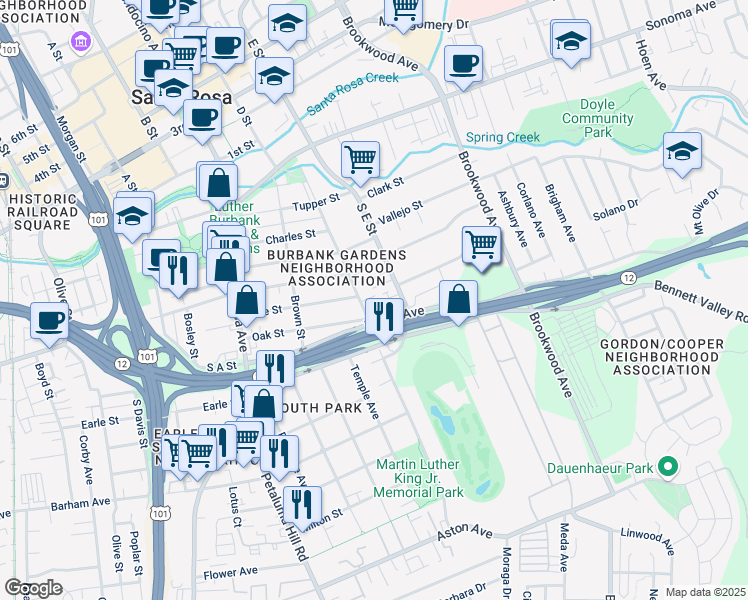 map of restaurants, bars, coffee shops, grocery stores, and more near 700 Hendley Street in Santa Rosa