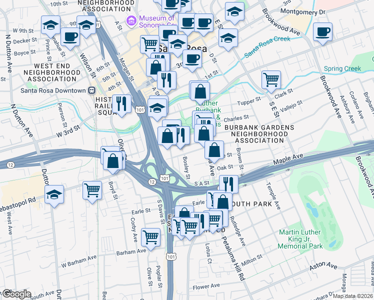 map of restaurants, bars, coffee shops, grocery stores, and more near 410 Bosley Street in Santa Rosa