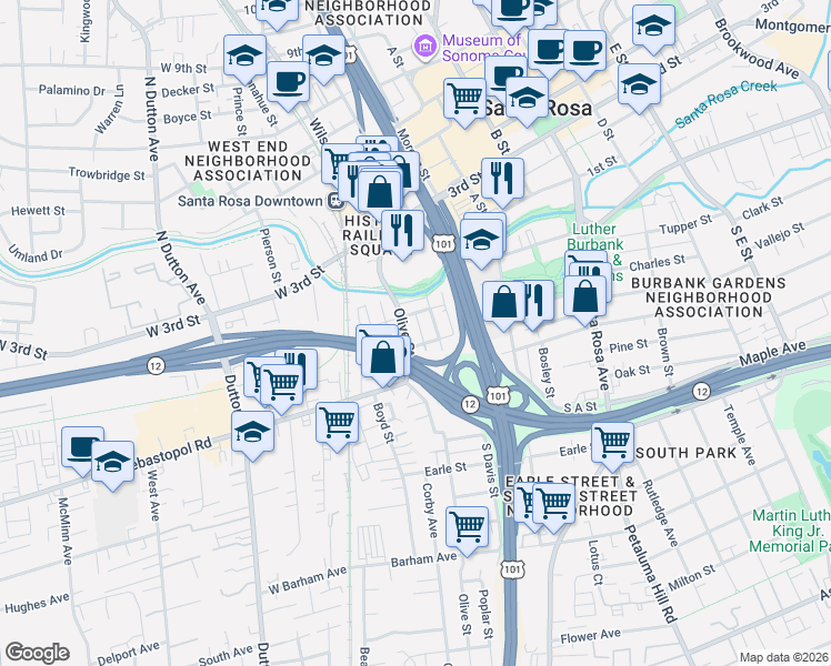 map of restaurants, bars, coffee shops, grocery stores, and more near 331 Orange Street in Santa Rosa