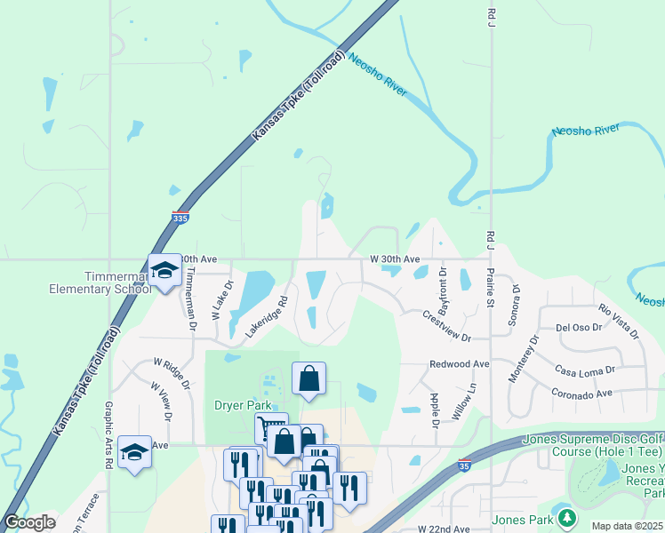 map of restaurants, bars, coffee shops, grocery stores, and more near 2924 Hidden Lakes Drive in Emporia