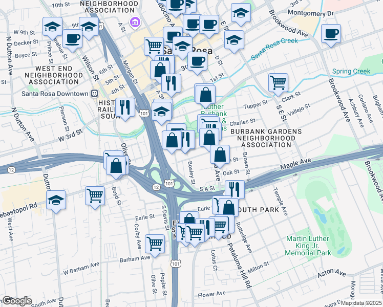 map of restaurants, bars, coffee shops, grocery stores, and more near 410 Bosley Street in Santa Rosa