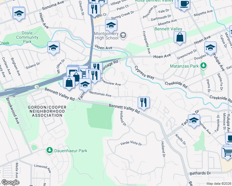 map of restaurants, bars, coffee shops, grocery stores, and more near 1465 Neotomas Avenue in Santa Rosa