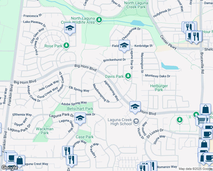 map of restaurants, bars, coffee shops, grocery stores, and more near 6200 Alpinespring Way in Elk Grove