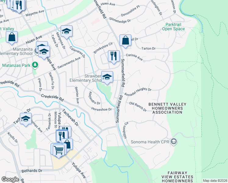 map of restaurants, bars, coffee shops, grocery stores, and more near 2157 San Antonio Drive in Santa Rosa