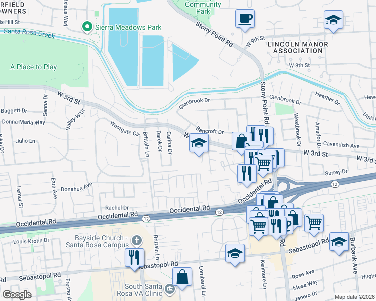 map of restaurants, bars, coffee shops, grocery stores, and more near 246 Brittain Lane in Santa Rosa