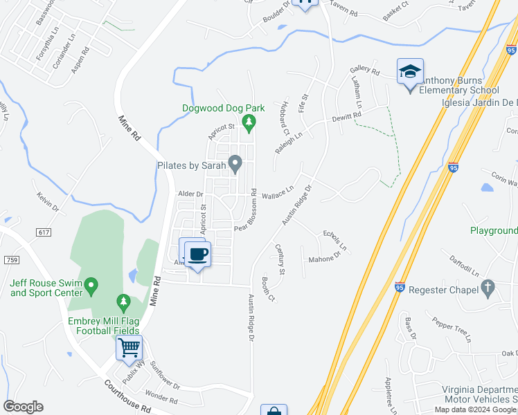 map of restaurants, bars, coffee shops, grocery stores, and more near 250 Pear Blossom Road in Stafford