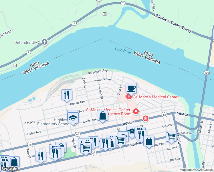 map of restaurants, bars, coffee shops, grocery stores, and more near 2762 Alley in Huntington