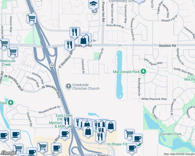 map of restaurants, bars, coffee shops, grocery stores, and more near 8912 Garrity Drive in Elk Grove