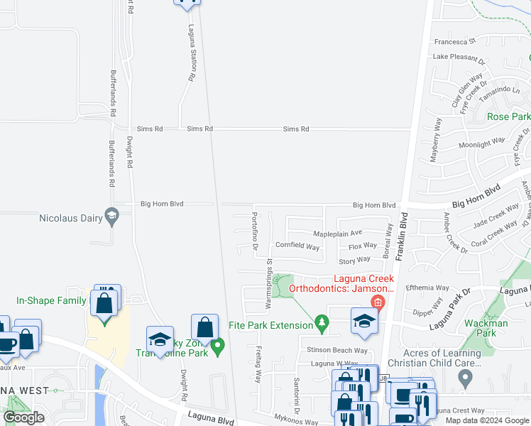 map of restaurants, bars, coffee shops, grocery stores, and more near 8906 Warmsprings Street in Elk Grove