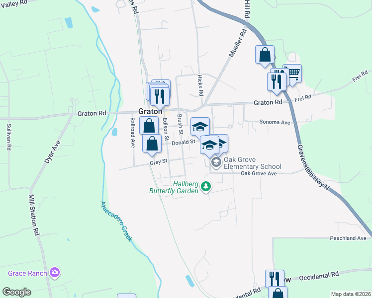 map of restaurants, bars, coffee shops, grocery stores, and more near 318 North Brush Street in Graton
