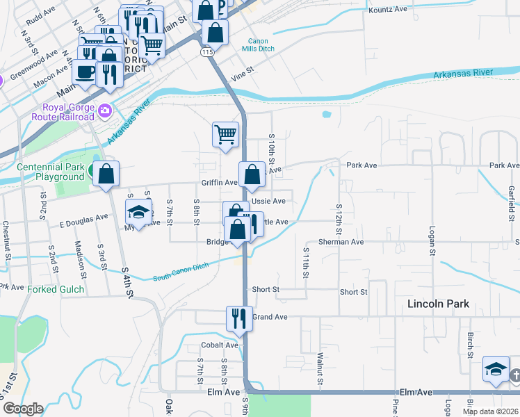 map of restaurants, bars, coffee shops, grocery stores, and more near 918 Prescott Avenue in Cañon City