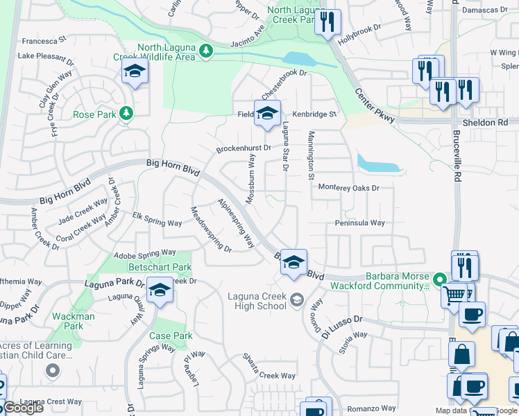 map of restaurants, bars, coffee shops, grocery stores, and more near 8909 Marlayana Court in Elk Grove