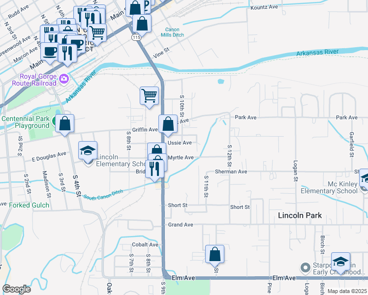 map of restaurants, bars, coffee shops, grocery stores, and more near 1016 Prescott Ave in Cañon City
