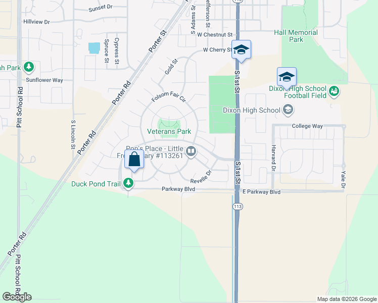 map of restaurants, bars, coffee shops, grocery stores, and more near 1221 Valley Glen Drive in Dixon