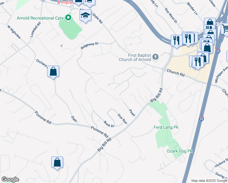 map of restaurants, bars, coffee shops, grocery stores, and more near 1845 Chara Street in Arnold