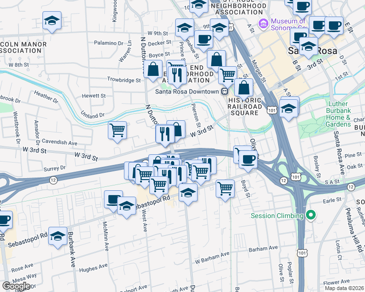 map of restaurants, bars, coffee shops, grocery stores, and more near 207 West 3rd Street in Santa Rosa