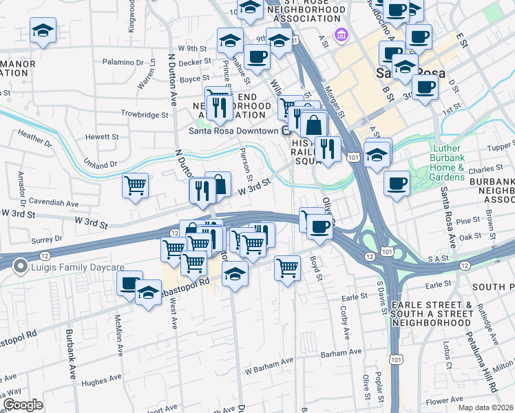 map of restaurants, bars, coffee shops, grocery stores, and more near 220 Iowa Street in Santa Rosa