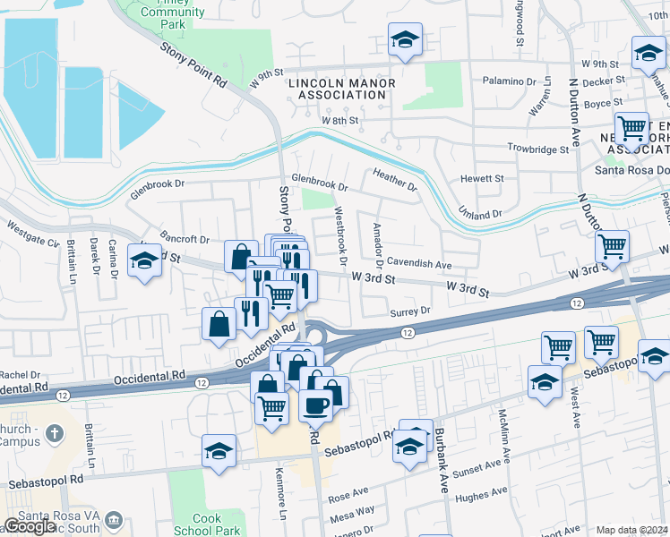 map of restaurants, bars, coffee shops, grocery stores, and more near West 3rd Street in Santa Rosa
