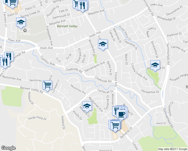 map of restaurants, bars, coffee shops, grocery stores, and more near 2216 Sartori Drive in Santa Rosa