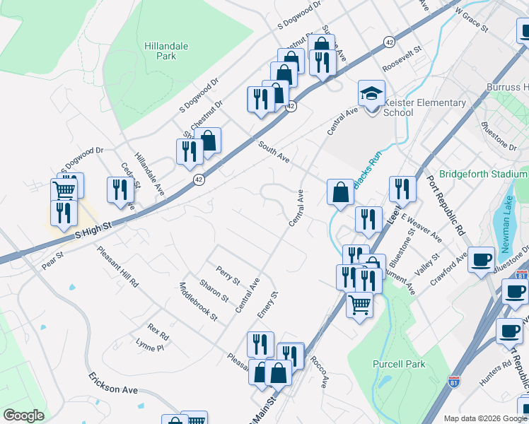 map of restaurants, bars, coffee shops, grocery stores, and more near 147 Southampton Drive in Harrisonburg