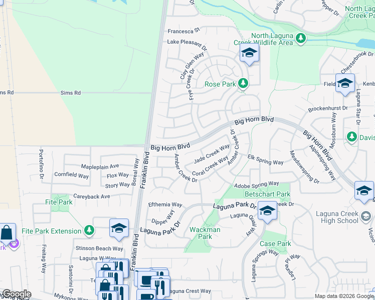 map of restaurants, bars, coffee shops, grocery stores, and more near 5319 Blue Sapphire Court in Elk Grove