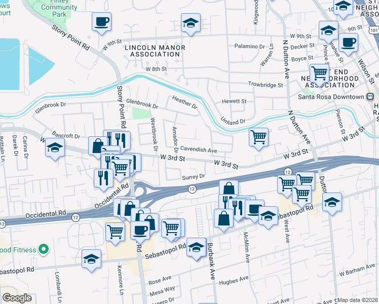 map of restaurants, bars, coffee shops, grocery stores, and more near 1555 Cavendish Avenue in Santa Rosa