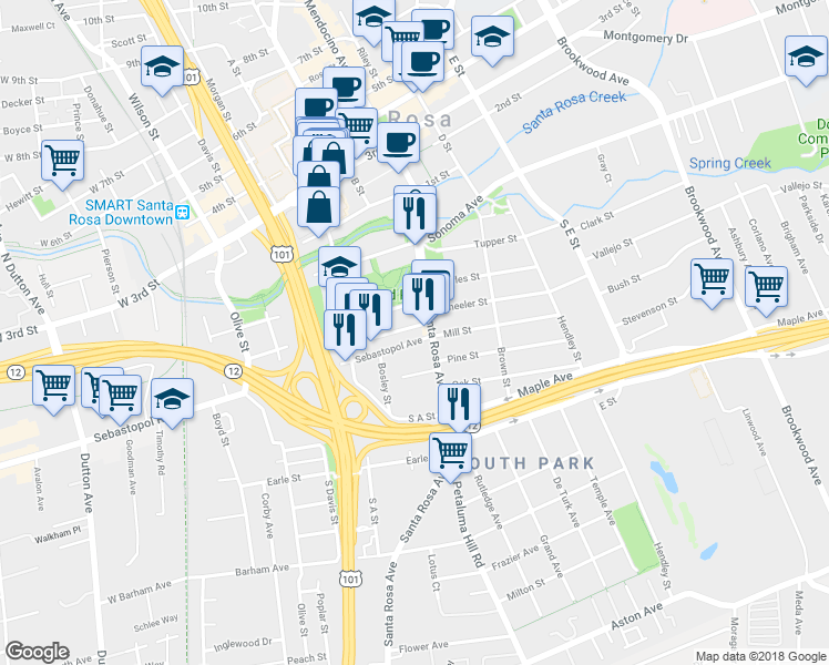 map of restaurants, bars, coffee shops, grocery stores, and more near 523 Sebastopol Avenue in Santa Rosa