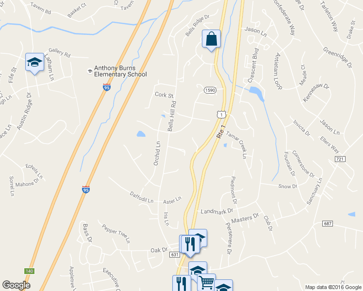 map of restaurants, bars, coffee shops, grocery stores, and more near 13 Woodmont Court in Stafford