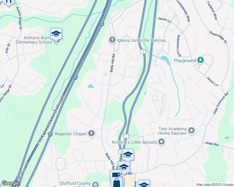 map of restaurants, bars, coffee shops, grocery stores, and more near 13 Woodmont Court in Stafford