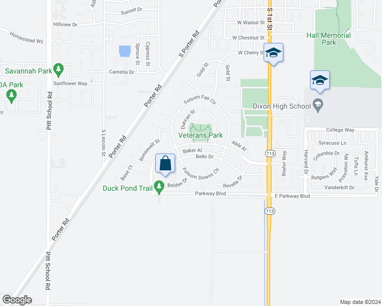 map of restaurants, bars, coffee shops, grocery stores, and more near 1436 Bello Drive in Dixon