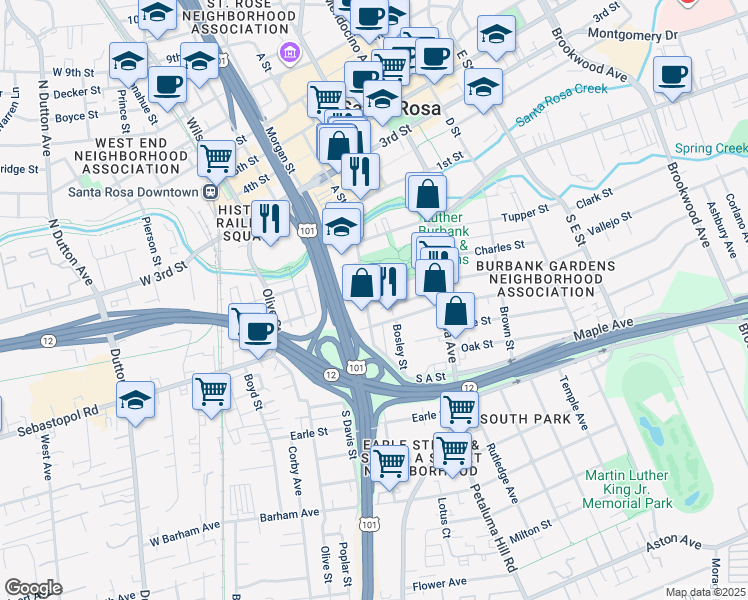 map of restaurants, bars, coffee shops, grocery stores, and more near 300 South A Street in Santa Rosa