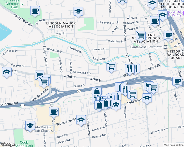 map of restaurants, bars, coffee shops, grocery stores, and more near 1487 Cavendish Avenue in Santa Rosa