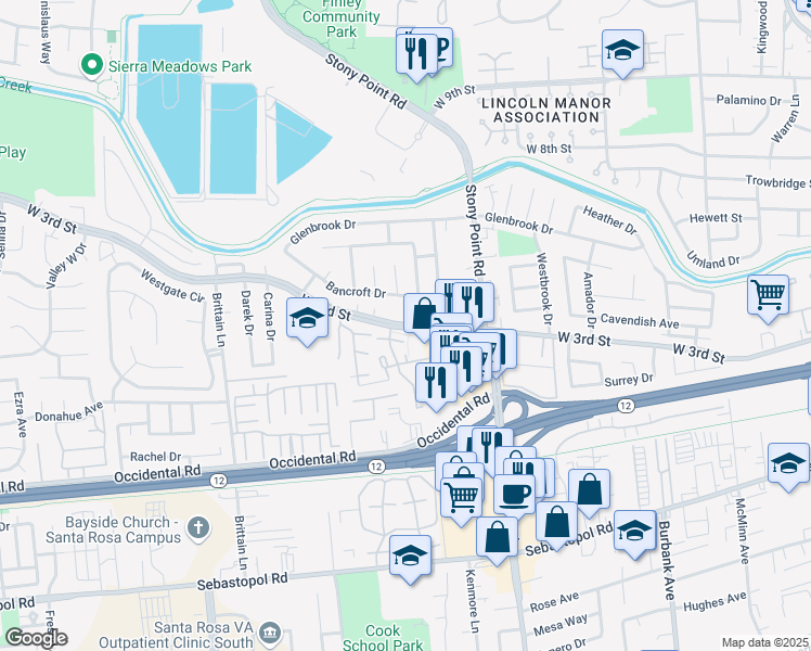 map of restaurants, bars, coffee shops, grocery stores, and more near 1733 West 3rd Street in Santa Rosa