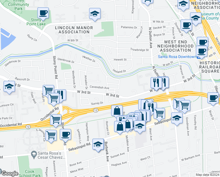 map of restaurants, bars, coffee shops, grocery stores, and more near 1491 Cavendish Avenue in Santa Rosa