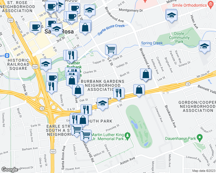 map of restaurants, bars, coffee shops, grocery stores, and more near 515 Hendley Street in Santa Rosa
