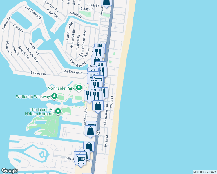 map of restaurants, bars, coffee shops, grocery stores, and more near 12808 Coastal Highway in Ocean City