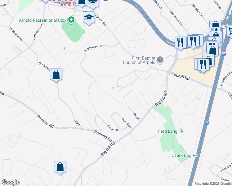 map of restaurants, bars, coffee shops, grocery stores, and more near 1845 Chara Street in Arnold