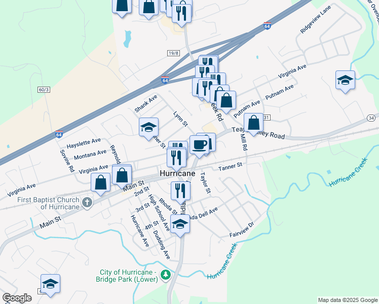 map of restaurants, bars, coffee shops, grocery stores, and more near 2922 Putnam Avenue in Hurricane